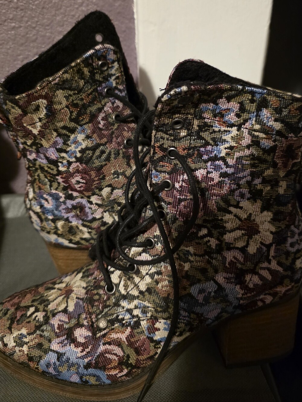 Floral Lace-Up Ankle Boots in Multicolor Floral Tapestry - Picture 6 of 6